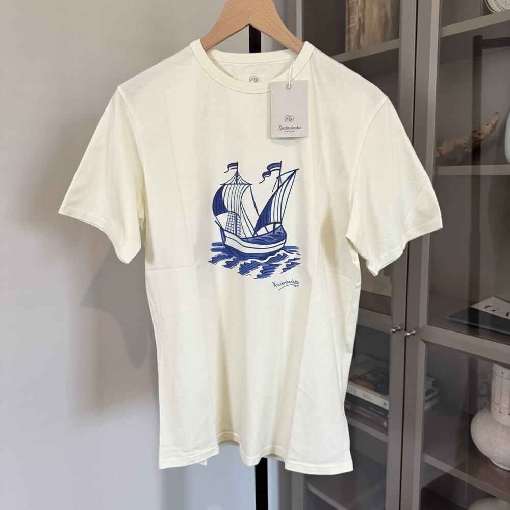 Knickerbocker NYC Motif Sailboat Ship Cream Ivory Blue Graphic T-Shirt S NEW Tee